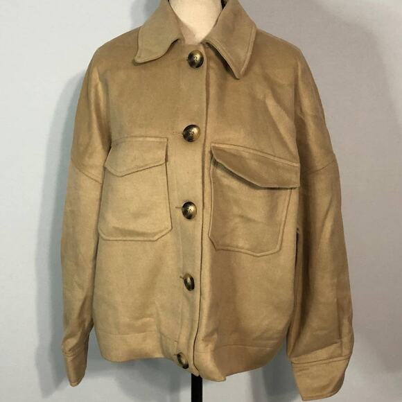 ASOS DESIGN Brushed Shacket Women's 6 Camel Beige Long Sleeve Button Closure - Picture 1 of 9